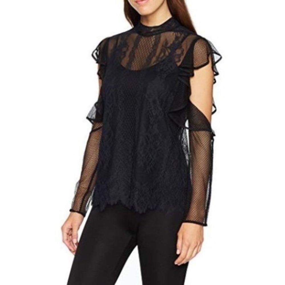 BCBGMaxAzria Sabian Black Lace‎ Ruffle Cold Shoulder Mock Neck Blouse Top XXS - Picture 5 of 12